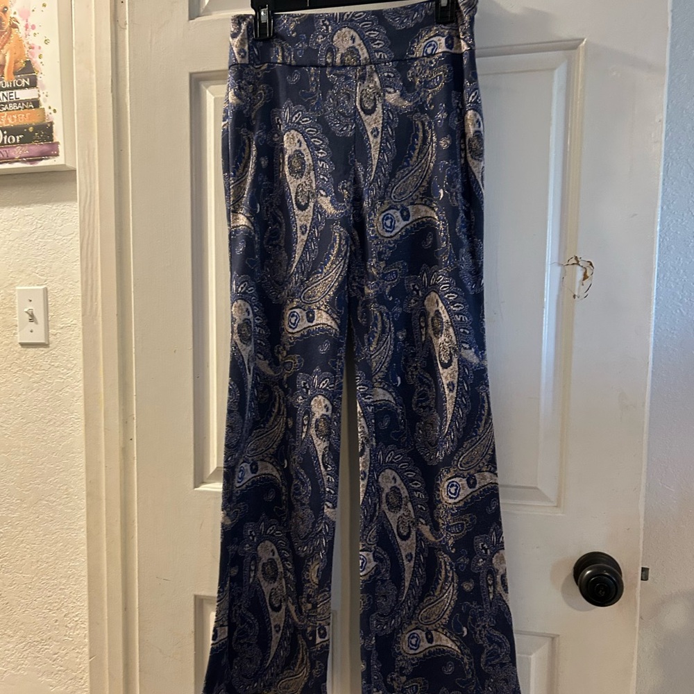 Anthropologie Navy Blue Paisley Wide-Leg Pants